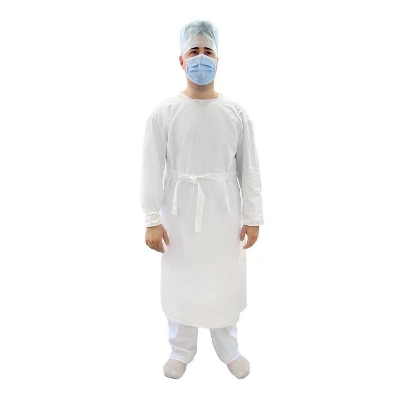 Халат хірургічний, з запахом на зав’язках, нестерильний, багаторазового використання. Довжиною від 115 см до 130 см. Розмір універсальний, ТМ «АХІЛЛ»